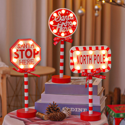 Christmas Santa Stop Here Sign LED Light Up North Pole Sign Tabletop Decorations for Home