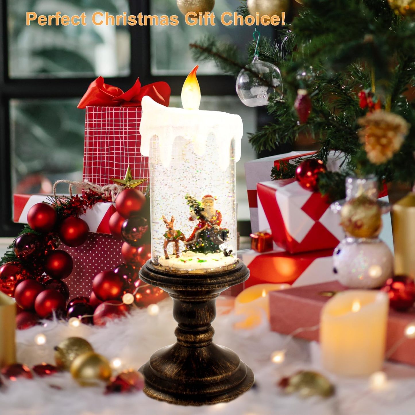 Christmas Lighted Snow Globe Lantern, Battery Operated Santa Snow Globes with Timer & Swirling Snow Effect | Glittering Spinning Candles for Holiday Home Decor, Festival Gift, Table Centerpiece