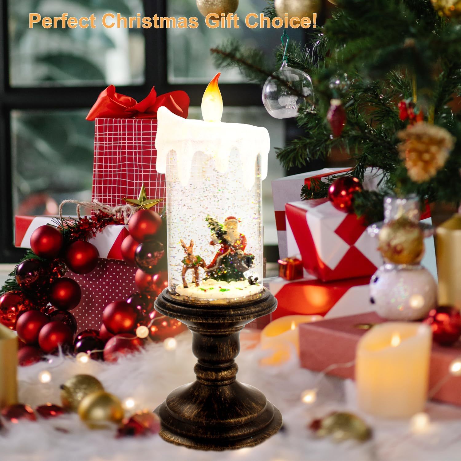 Christmas Lighted Snow Globe Lantern, Battery Operated Santa Snow Globes with Timer & Swirling Snow Effect | Glittering Spinning Candles for Holiday Home Decor, Festival Gift, Table Centerpiece