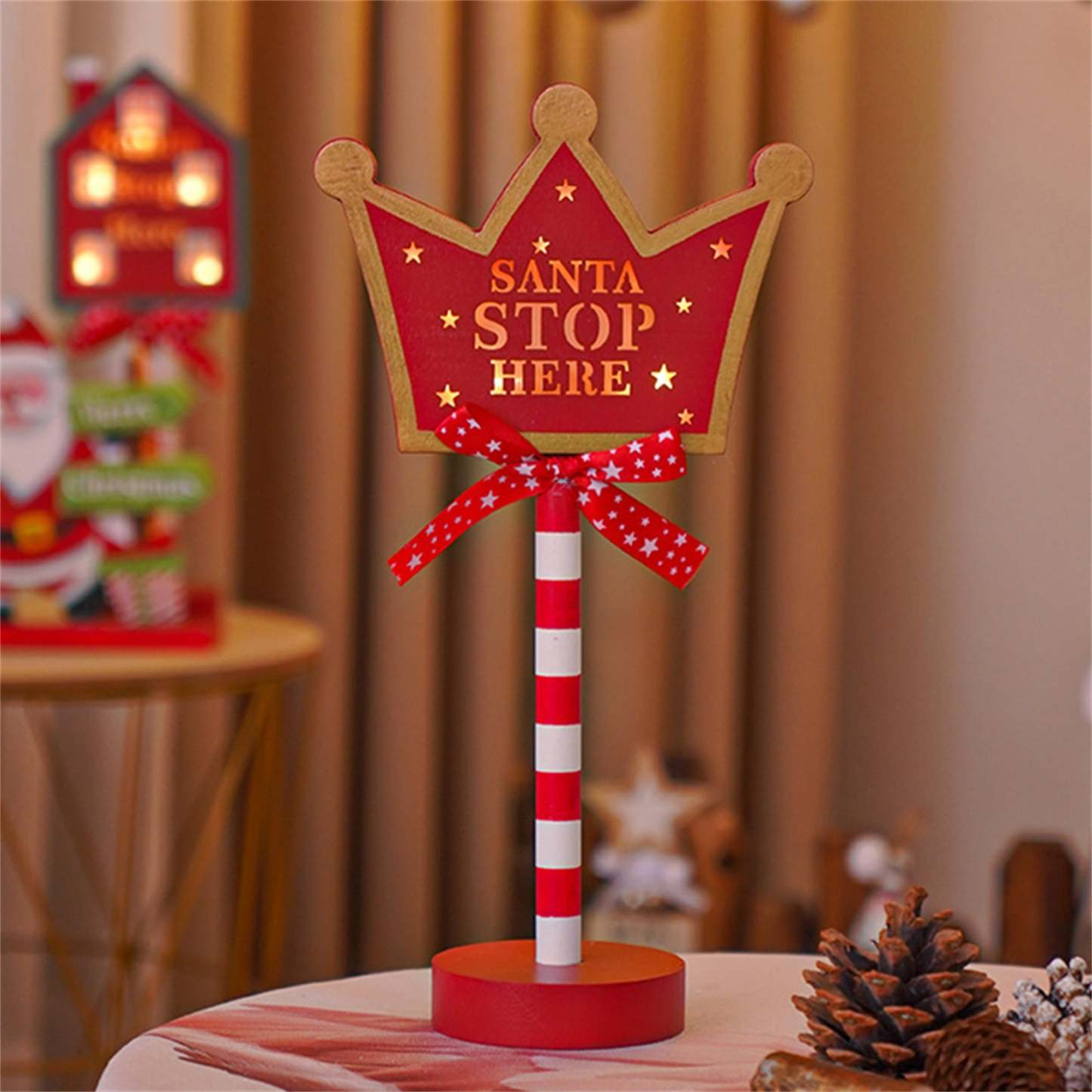 Christmas Santa Stop Here Sign LED Light Up North Pole Sign Tabletop Decorations for Home