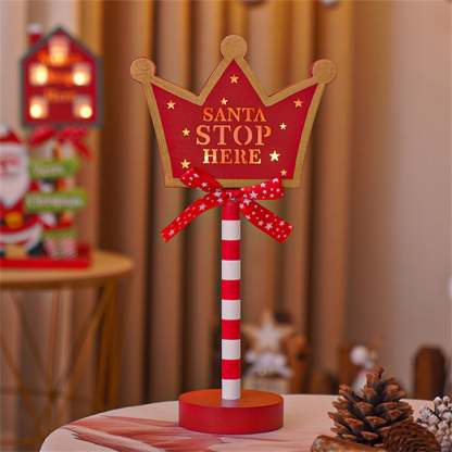 Christmas Santa Stop Here Sign LED Light Up North Pole Sign Tabletop Decorations for Home
