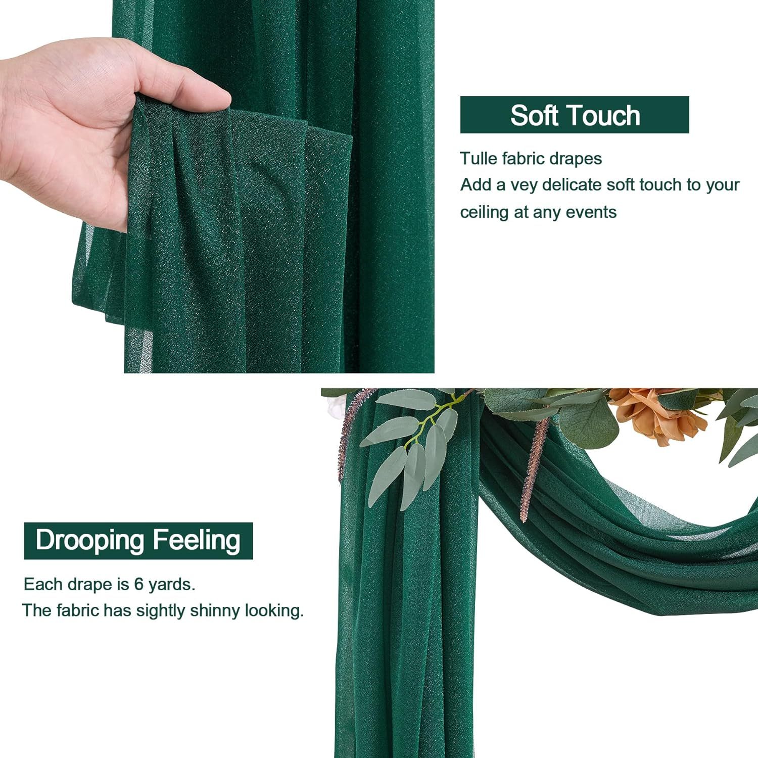 Wedding Arch Draping Fabric, 2 Panels 28" x 19Ft Emerald Green Wedding Arch Drapes Sheer Backdrop Curtain for Wedding Ceremony Party Ceiling Decor