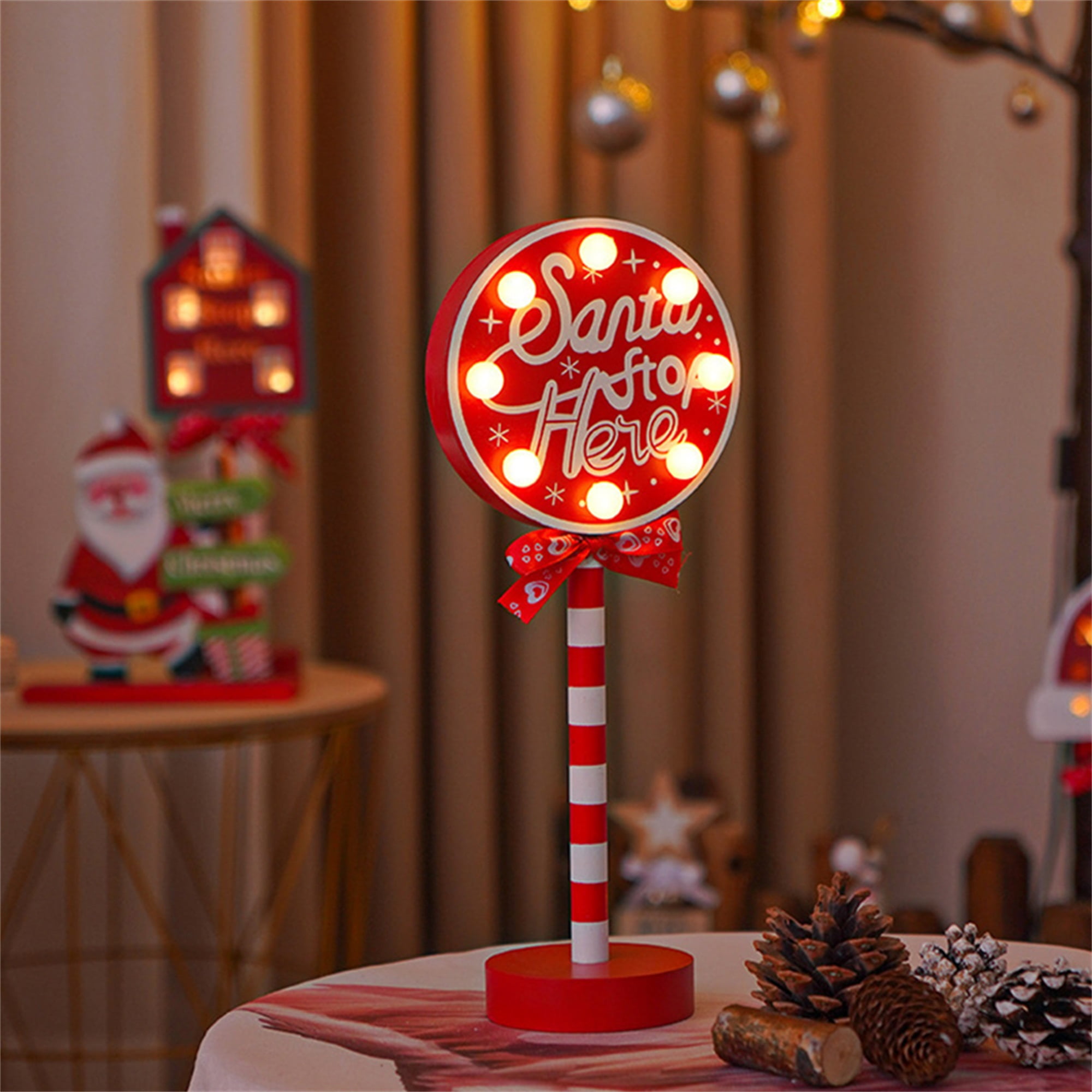 Christmas Santa Stop Here Sign LED Light Up North Pole Sign Tabletop Decorations for Home