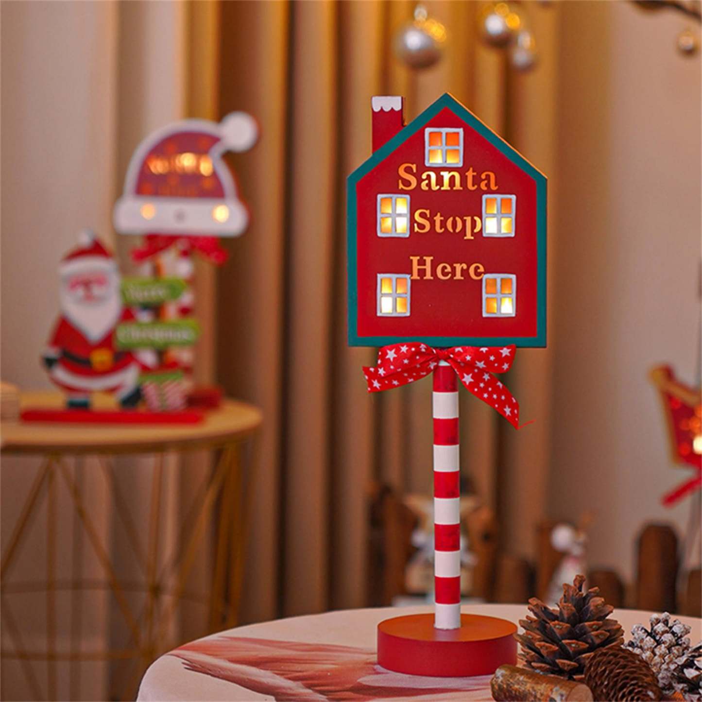 Christmas Santa Stop Here Sign LED Light Up North Pole Sign Tabletop Decorations for Home