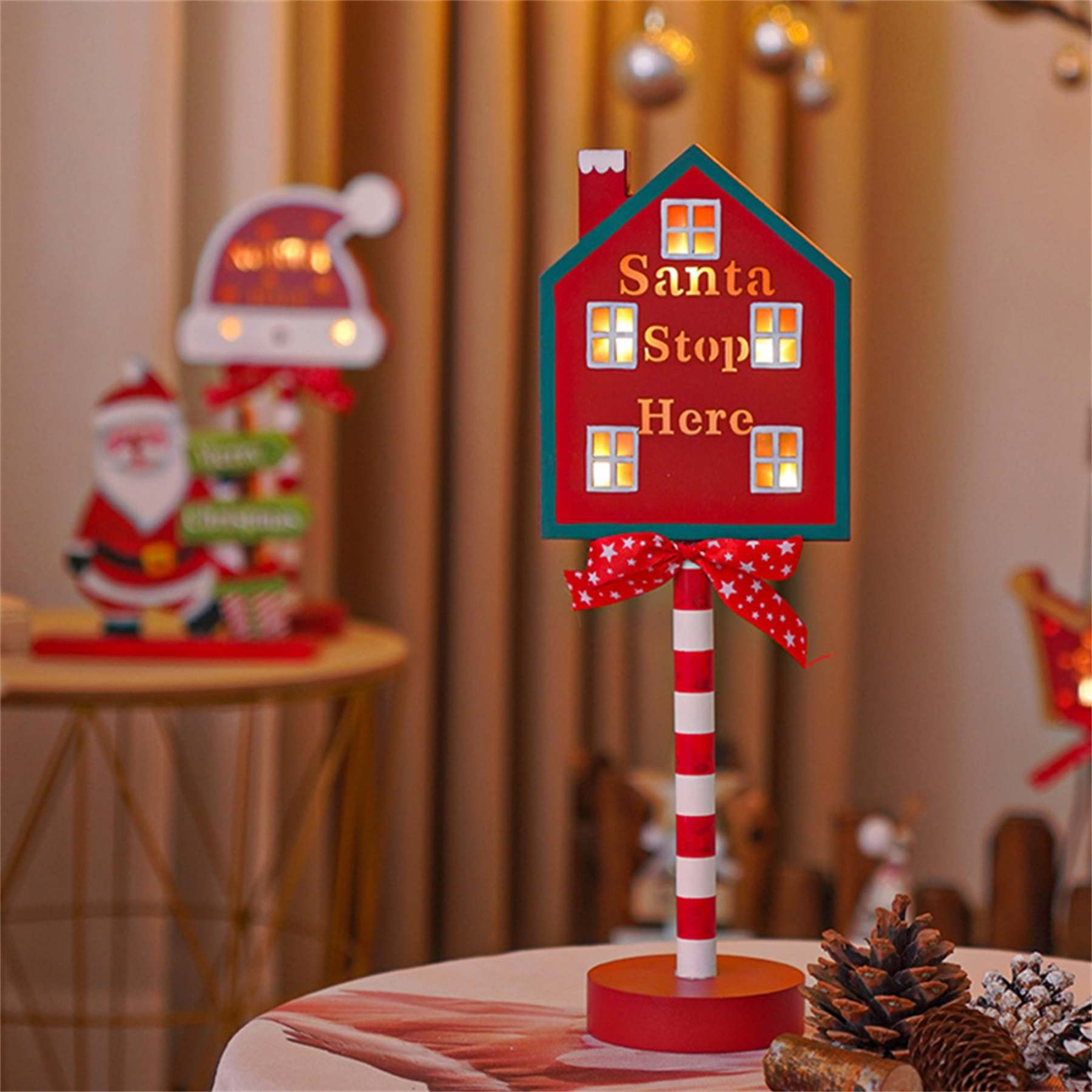 Christmas Santa Stop Here Sign LED Light Up North Pole Sign Tabletop Decorations for Home