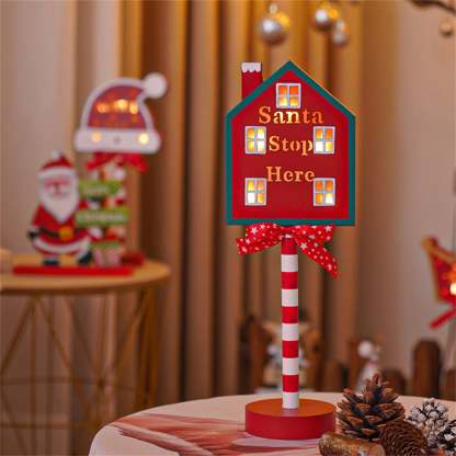Christmas Santa Stop Here Sign LED Light Up North Pole Sign Tabletop Decorations for Home