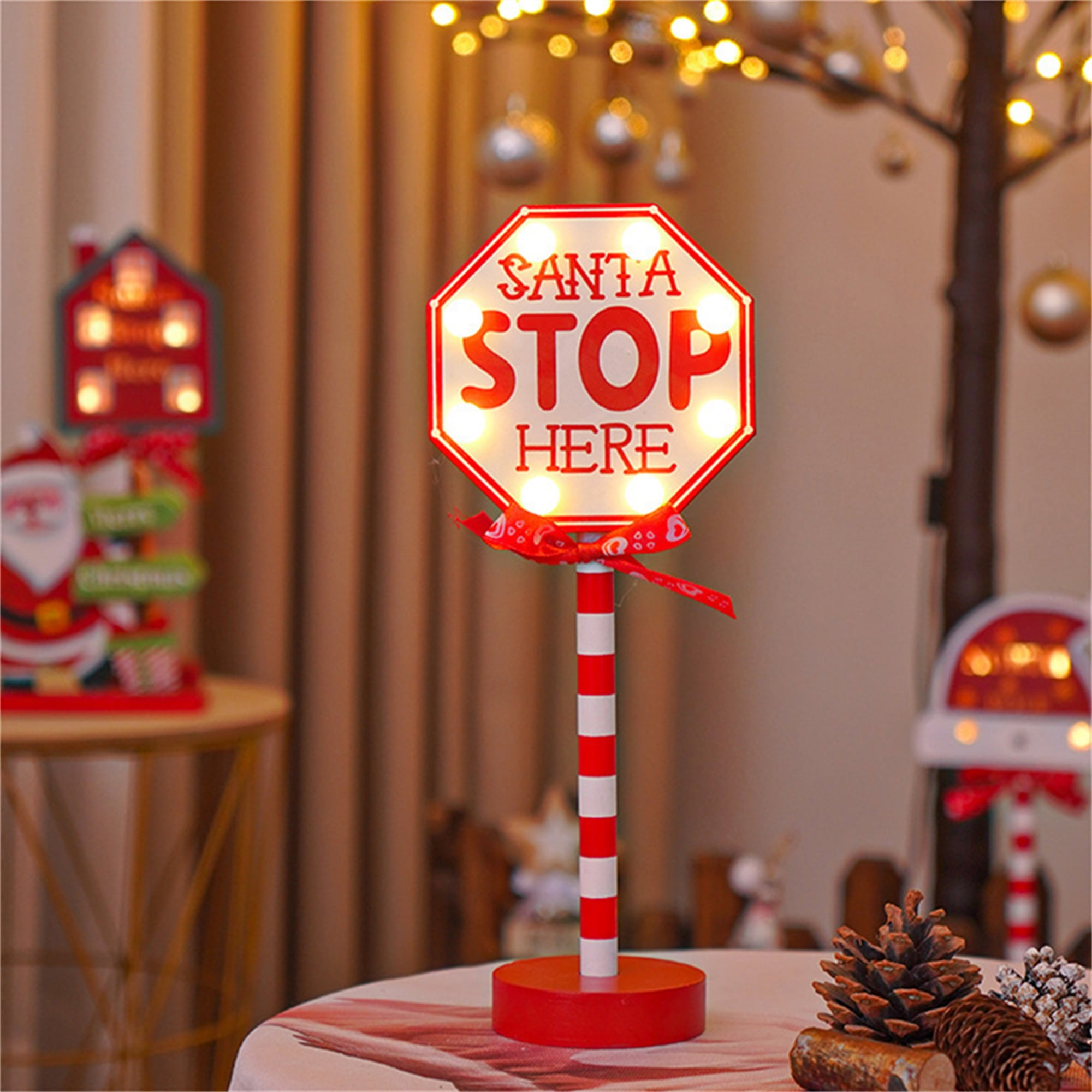 Christmas Santa Stop Here Sign LED Light Up North Pole Sign Tabletop Decorations for Home