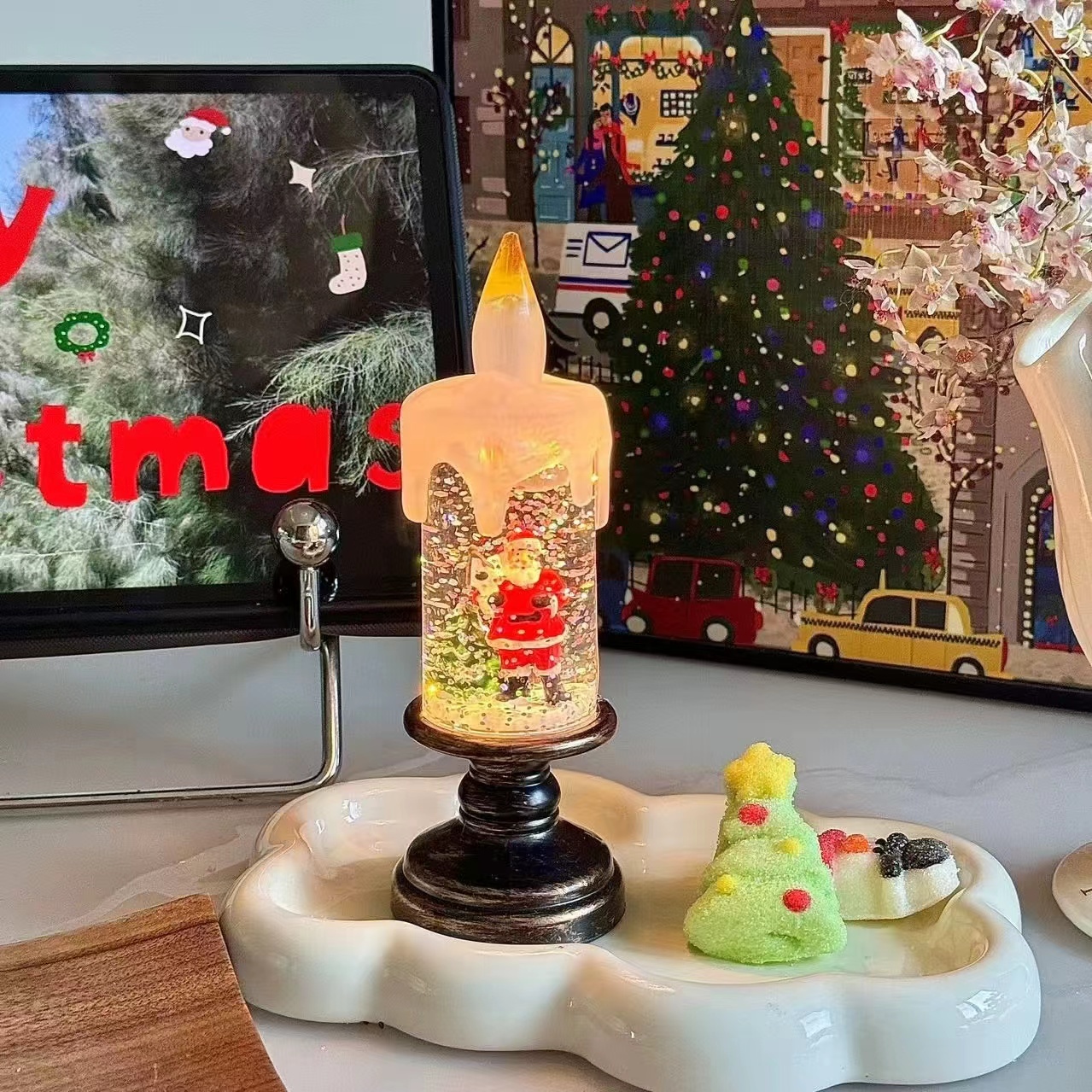 Christmas Lighted Snow Globe Lantern, Battery Operated Santa Snow Globes with Timer & Swirling Snow Effect | Glittering Spinning Candles for Holiday Home Decor, Festival Gift, Table Centerpiece