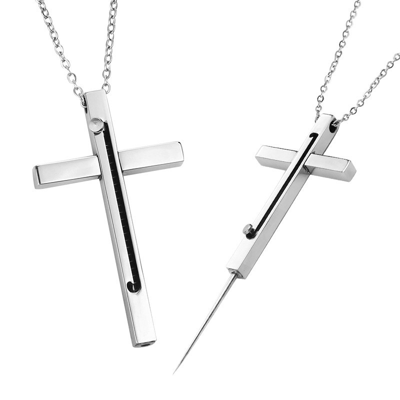 ✨Cross self-defense necklace ✝️stainless steel retractable toothpick reusable💥