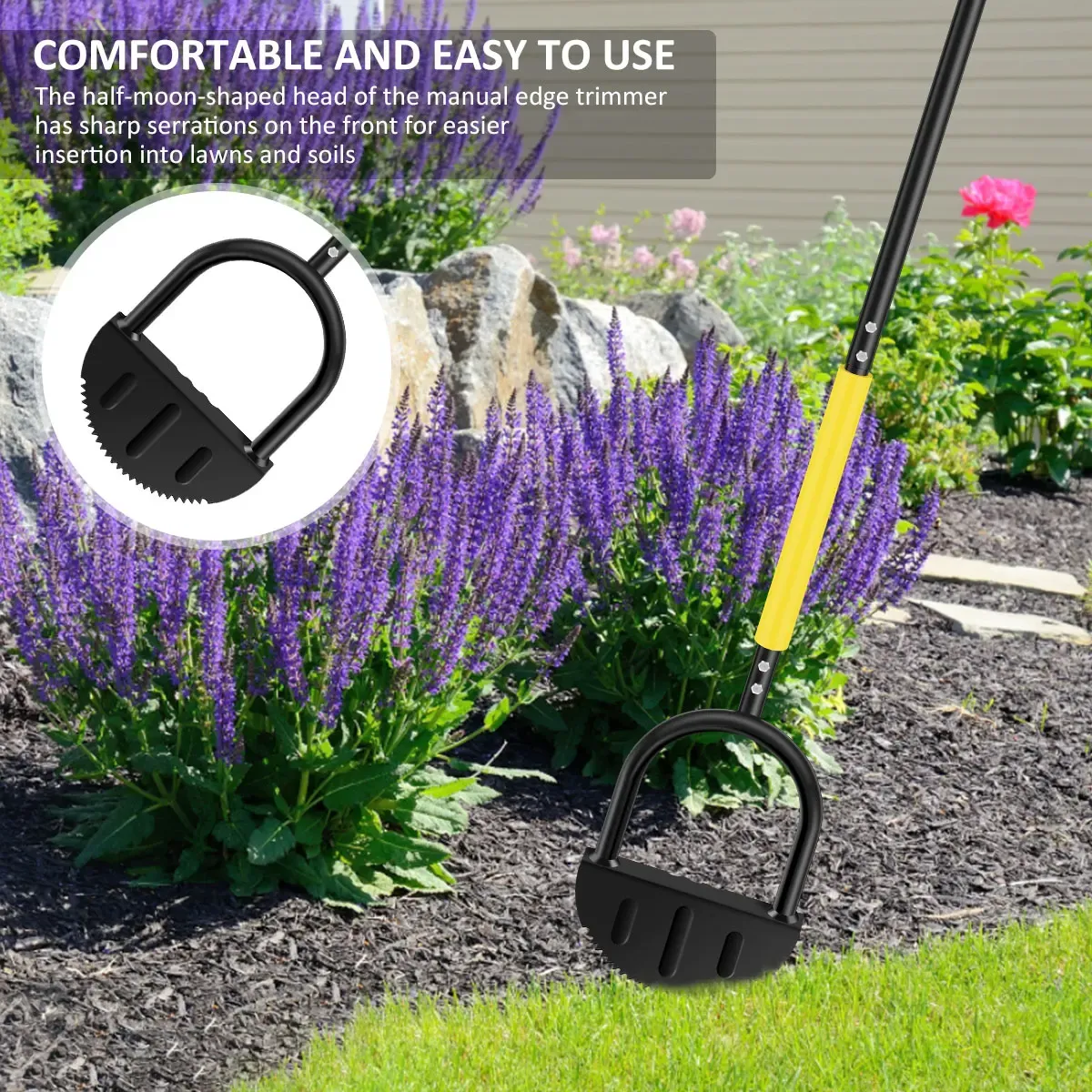 Garden Edger Half Moon Saw-Tooth Hand Edger Manual Lawn Step Edger with Long Handle Landscaping Tool Garden Edger for Driveway