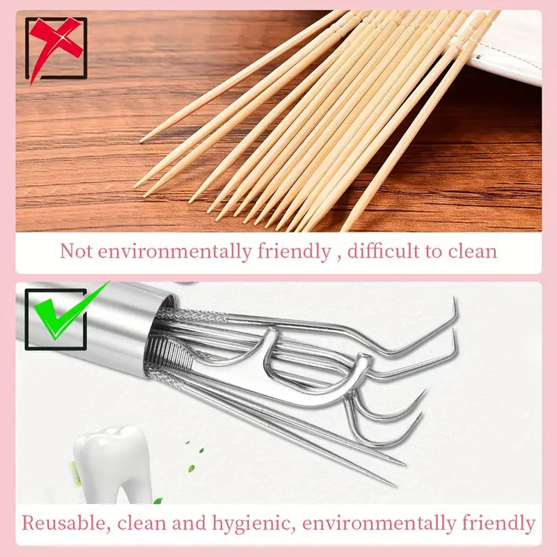 3 4 7pcs set stainless steel toothpicks set reusable toothpicks portable metal cleaning tools tooth stains remover household interdental cleaning gadgets for home outdoor travel cleaning supplies cleaning tool ready for school details 0