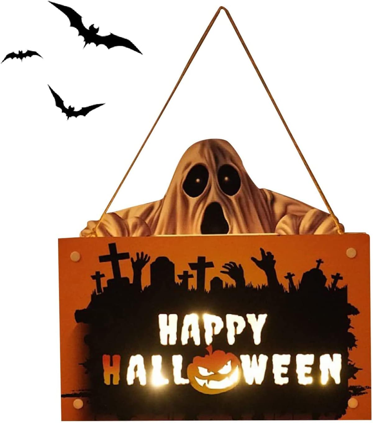 Hanging Christmas Signs Outdoor Indoor, Halloween Wooden Hanging Sign Decoration Lights, Pumpkin Ghost Pendant Horror Atmosphere Door Light Ideal for Home, Garden, Haunted House Decor