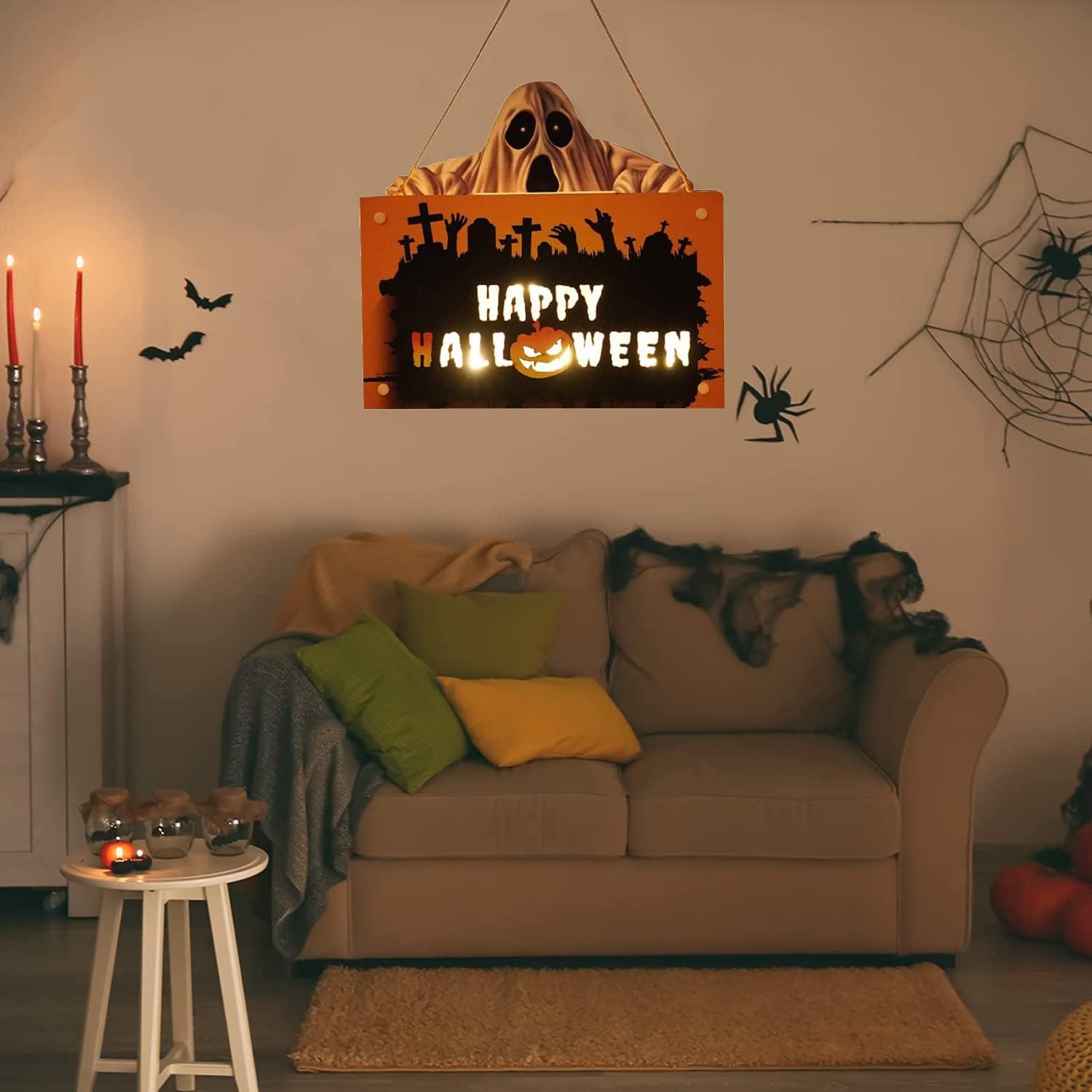 Hanging Christmas Signs Outdoor Indoor, Halloween Wooden Hanging Sign Decoration Lights, Pumpkin Ghost Pendant Horror Atmosphere Door Light Ideal for Home, Garden, Haunted House Decor
