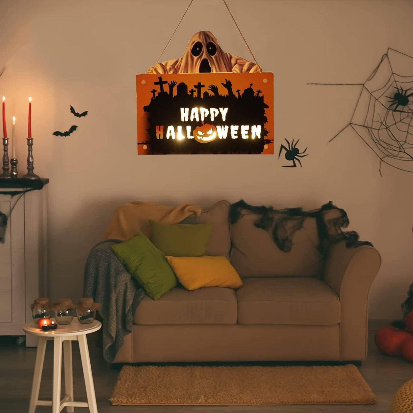 Hanging Christmas Signs Outdoor Indoor, Halloween Wooden Hanging Sign Decoration Lights, Pumpkin Ghost Pendant Horror Atmosphere Door Light Ideal for Home, Garden, Haunted House Decor