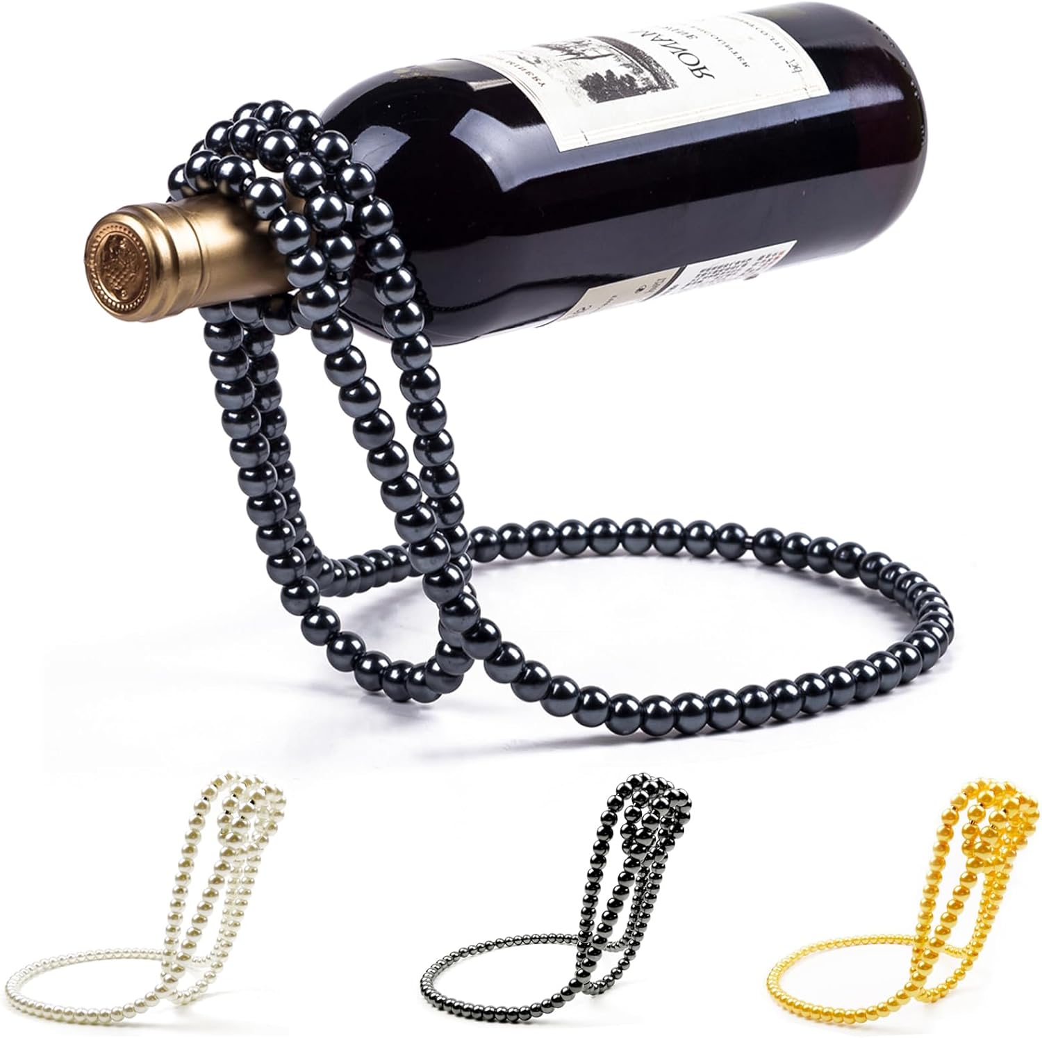 Pearl Necklace Shaped Floating Wine Bottle Holder, Creative Metal Chain Suspension Wine Rack, Magic Novelty Single Red Wine Bottle Stand for Bar&Home Decoration (White)