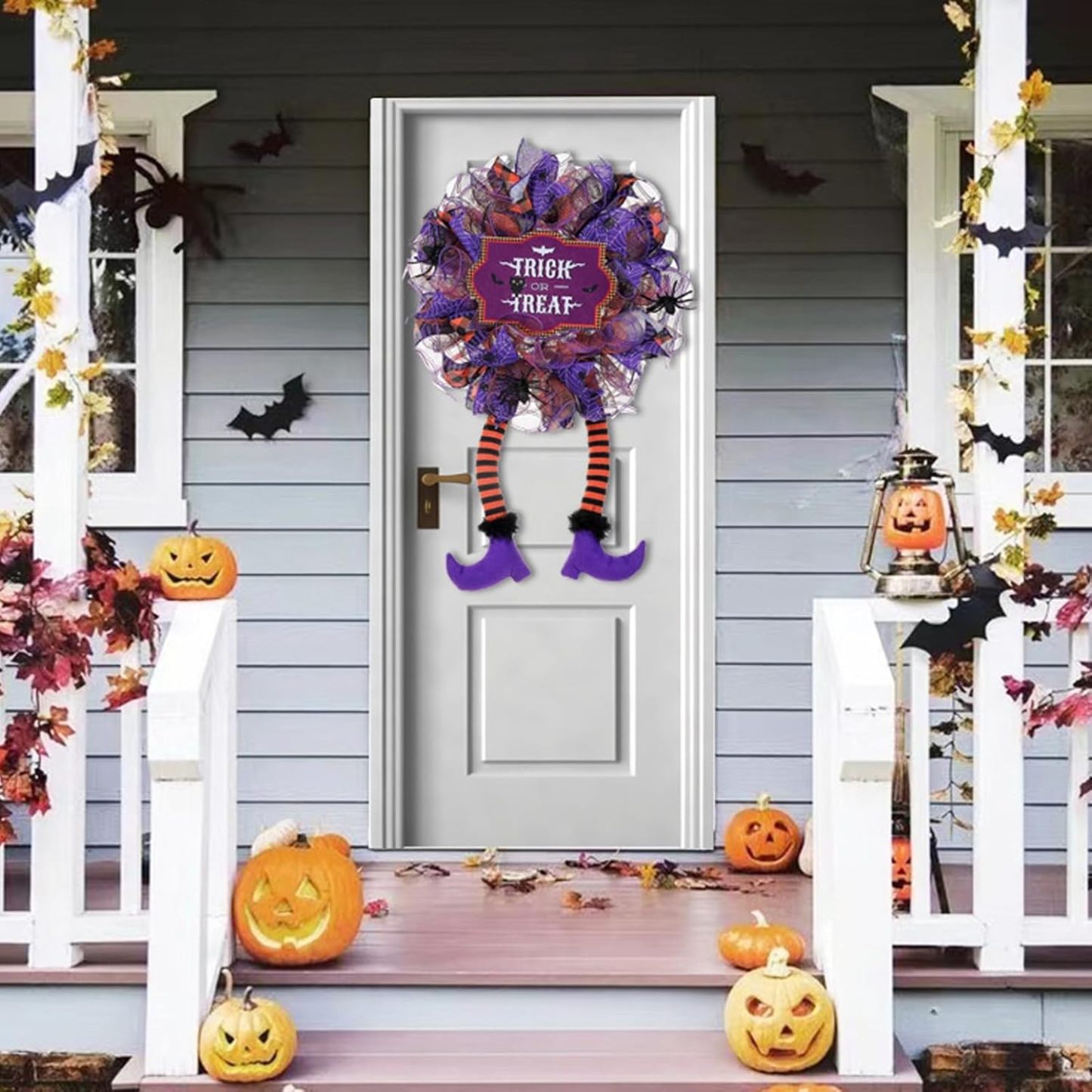 Halloween Wreaths, Spider Witch Legs Fabric Decor Letter Print Spooky Haunted Home Front Door Wreath Halloween Decorations Witch Legs Wreath Holiday Party Thanksgiving Decor Purple