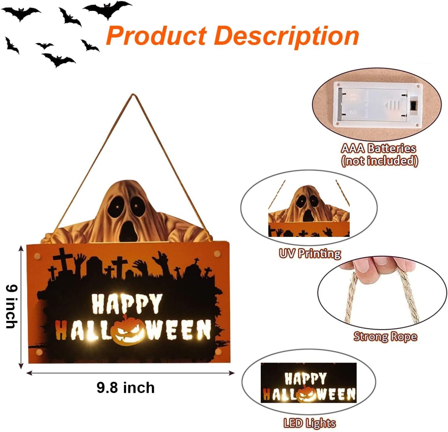 Hanging Christmas Signs Outdoor Indoor, Halloween Wooden Hanging Sign Decoration Lights, Pumpkin Ghost Pendant Horror Atmosphere Door Light Ideal for Home, Garden, Haunted House Decor