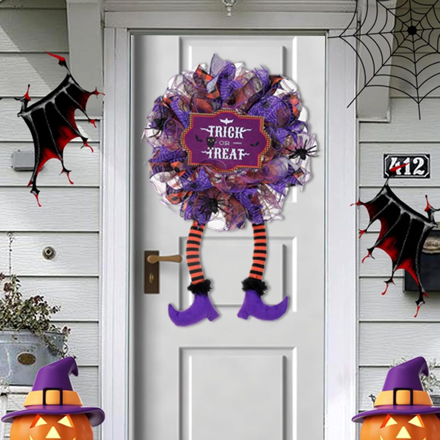 Halloween Wreaths, Spider Witch Legs Fabric Decor Letter Print Spooky Haunted Home Front Door Wreath Halloween Decorations Witch Legs Wreath Holiday Party Thanksgiving Decor Purple