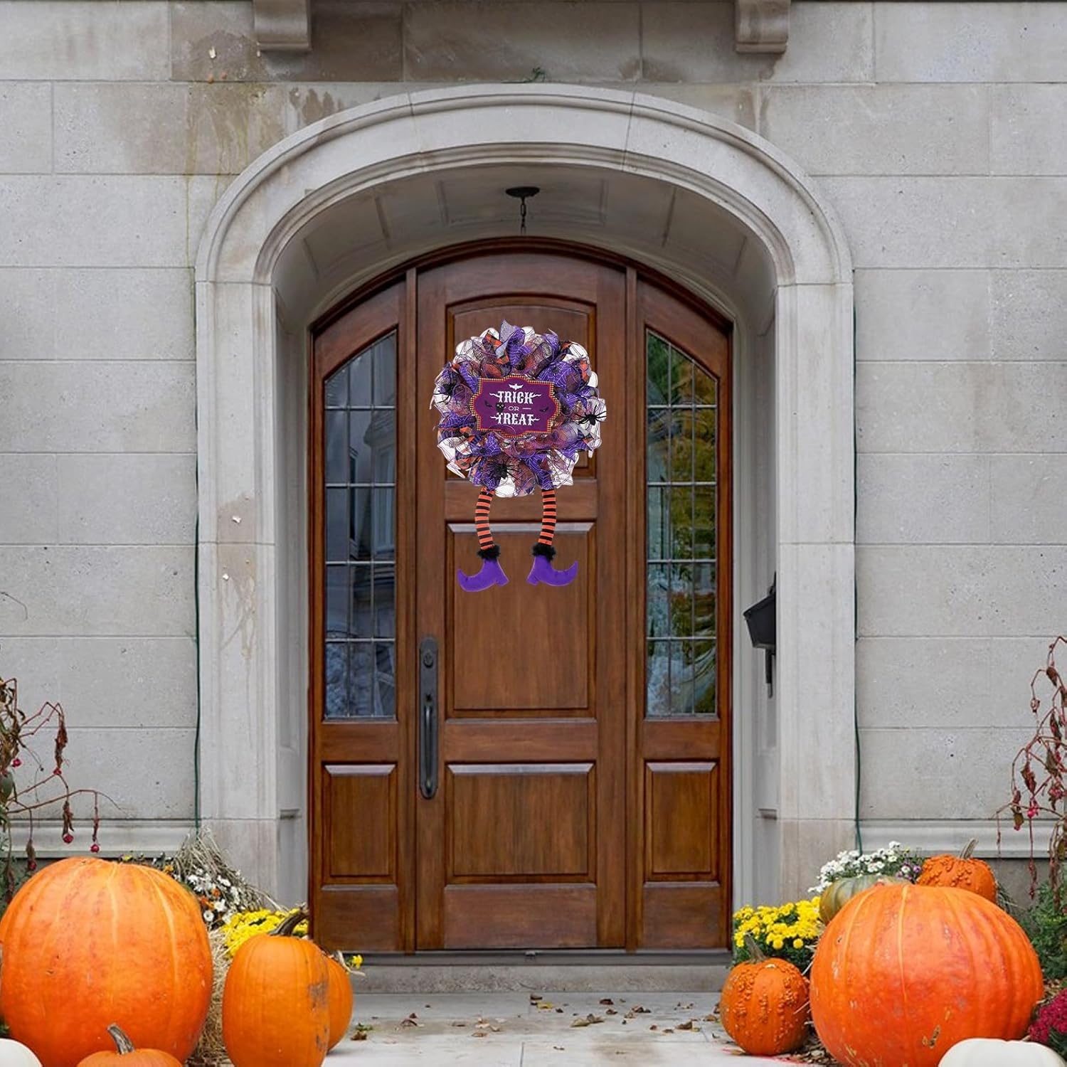 Halloween Wreaths, Spider Witch Legs Fabric Decor Letter Print Spooky Haunted Home Front Door Wreath Halloween Decorations Witch Legs Wreath Holiday Party Thanksgiving Decor Purple