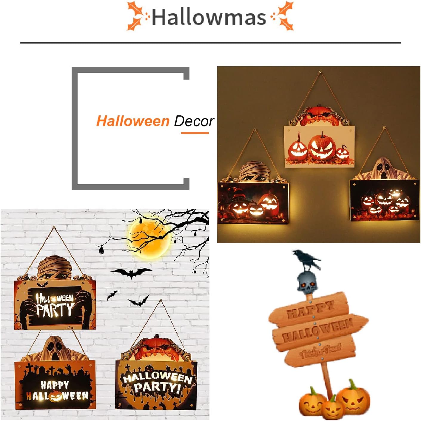Hanging Christmas Signs Outdoor Indoor, Halloween Wooden Hanging Sign Decoration Lights, Pumpkin Ghost Pendant Horror Atmosphere Door Light Ideal for Home, Garden, Haunted House Decor