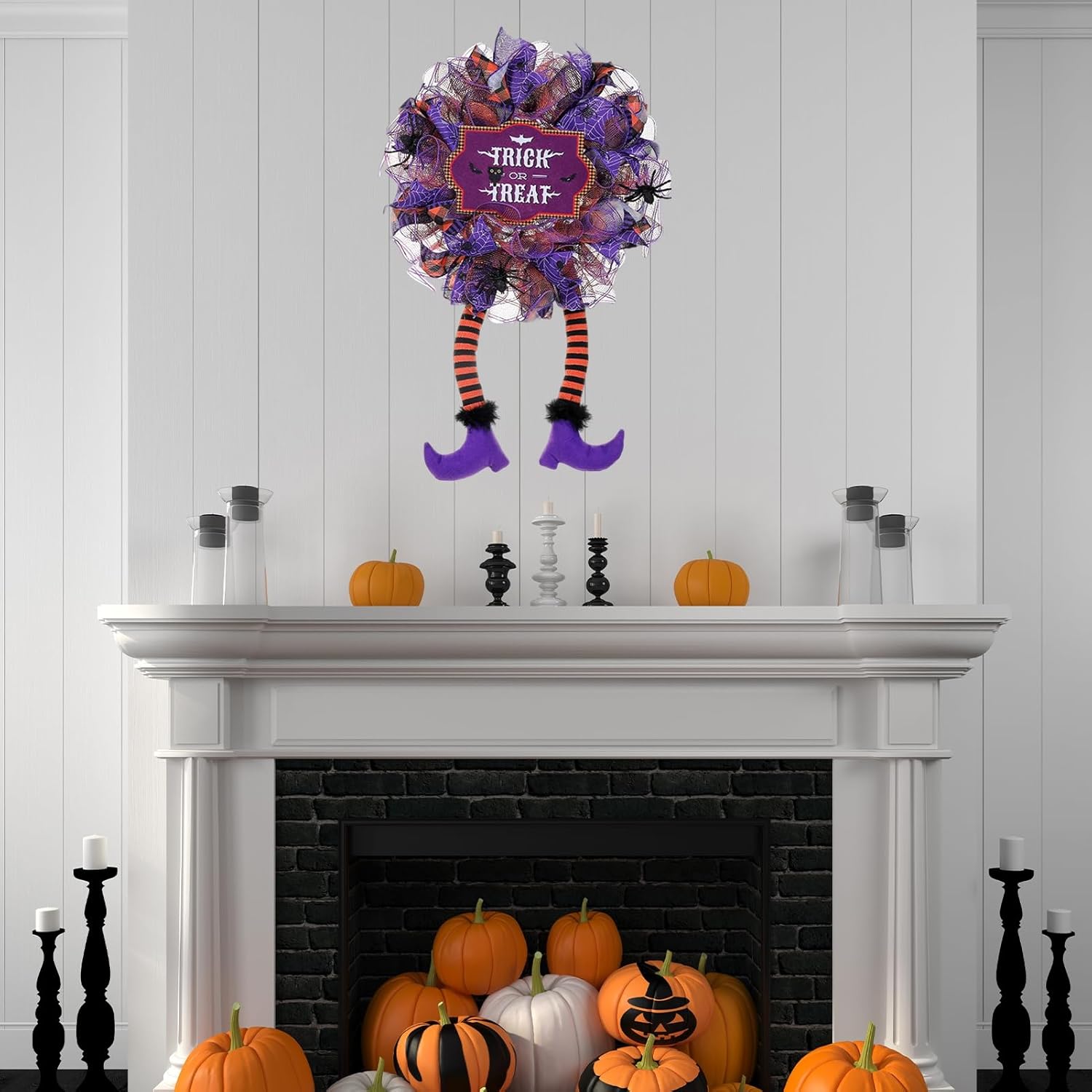 Halloween Wreaths, Spider Witch Legs Fabric Decor Letter Print Spooky Haunted Home Front Door Wreath Halloween Decorations Witch Legs Wreath Holiday Party Thanksgiving Decor Purple