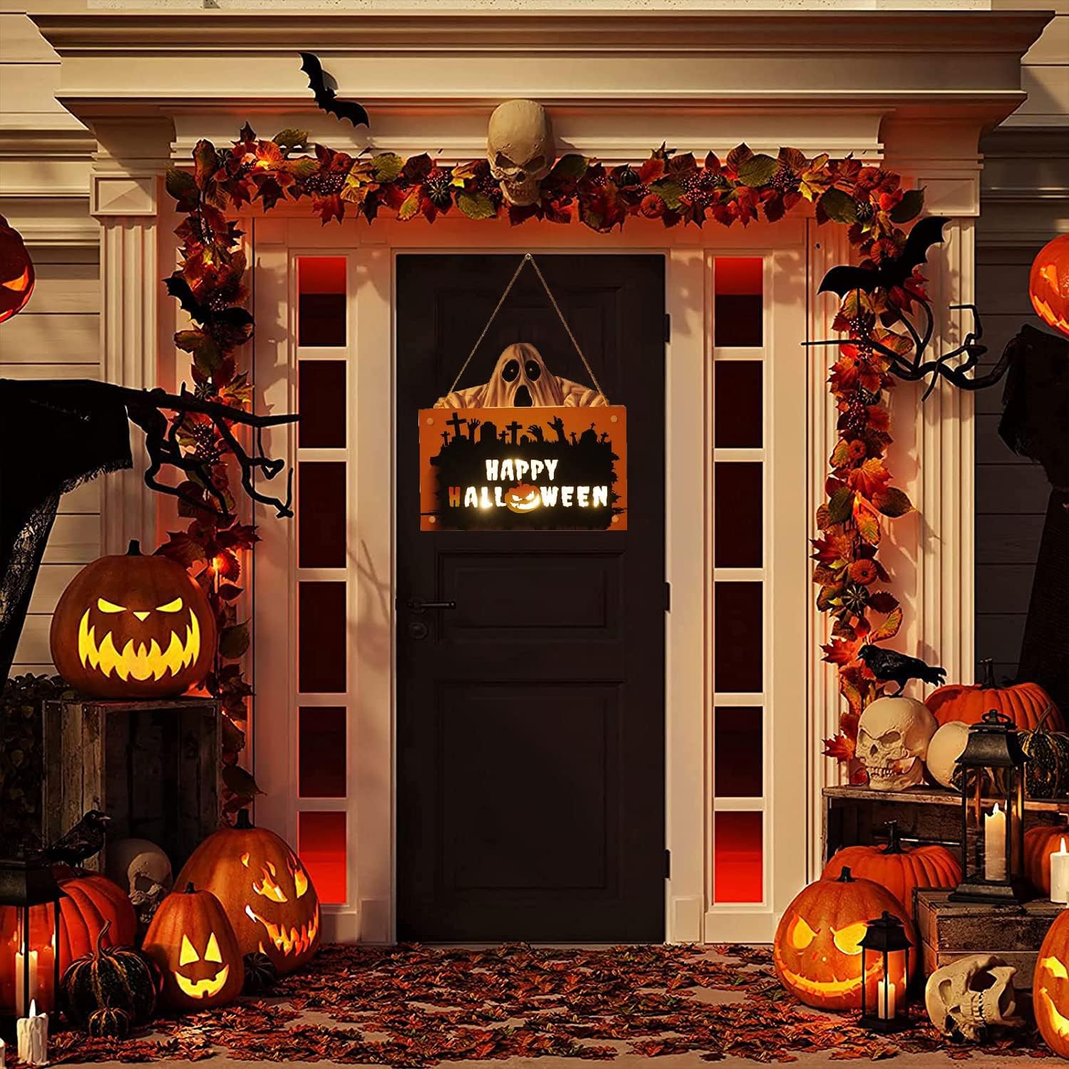 Hanging Christmas Signs Outdoor Indoor, Halloween Wooden Hanging Sign Decoration Lights, Pumpkin Ghost Pendant Horror Atmosphere Door Light Ideal for Home, Garden, Haunted House Decor