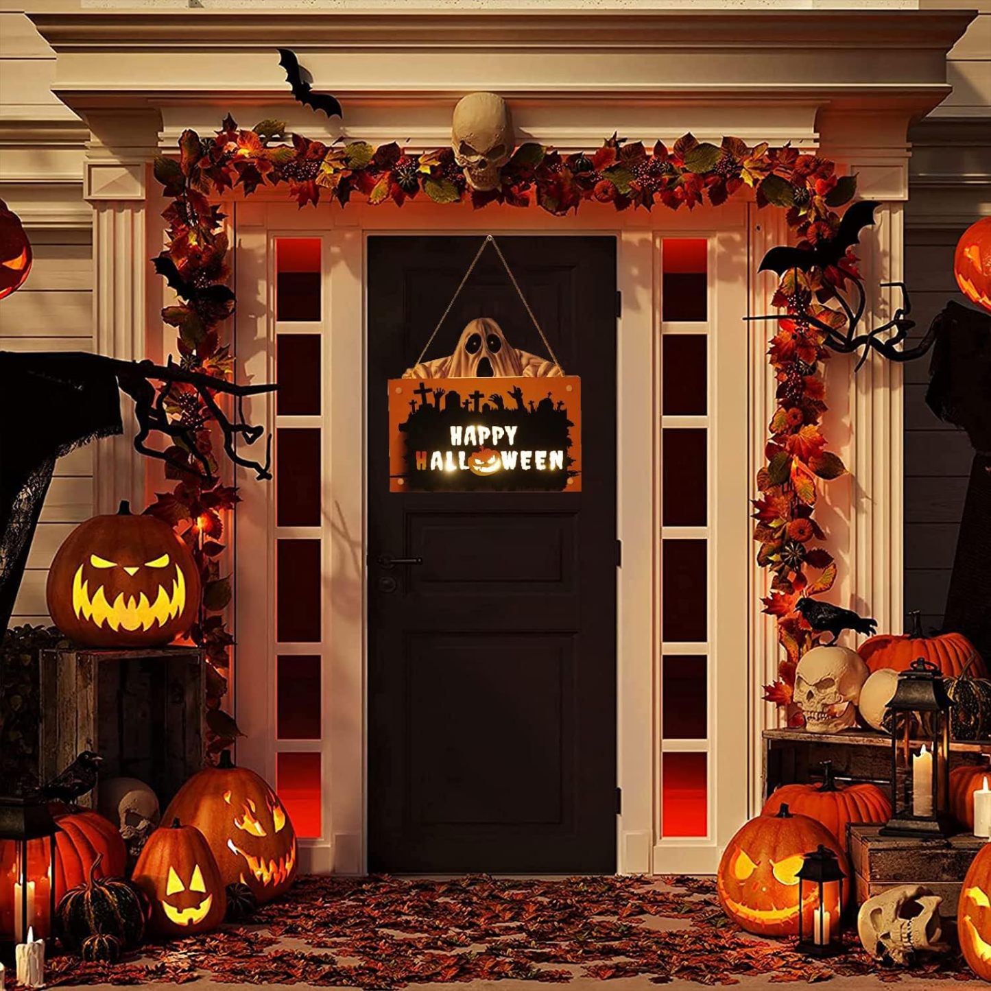 Hanging Christmas Signs Outdoor Indoor, Halloween Wooden Hanging Sign Decoration Lights, Pumpkin Ghost Pendant Horror Atmosphere Door Light Ideal for Home, Garden, Haunted House Decor