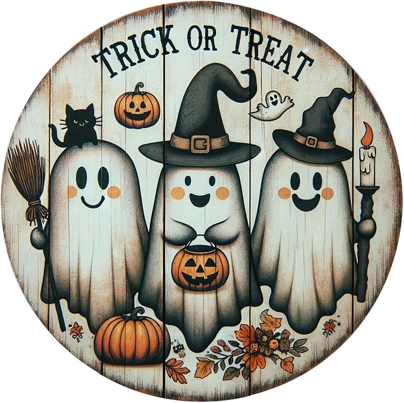 Trick Or Treaters Welcome Sign, Boo Sign Hanging Wall Plaque Signs, Sign for Front Door Keep Out Halloween Sign Halloween Signs for Door Lawn Garden Front Porch