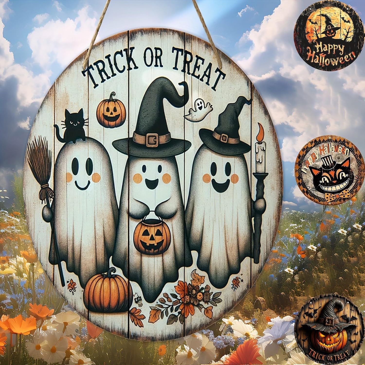 Trick Or Treaters Welcome Sign, Boo Sign Hanging Wall Plaque Signs, Sign for Front Door Keep Out Halloween Sign Halloween Signs for Door Lawn Garden Front Porch