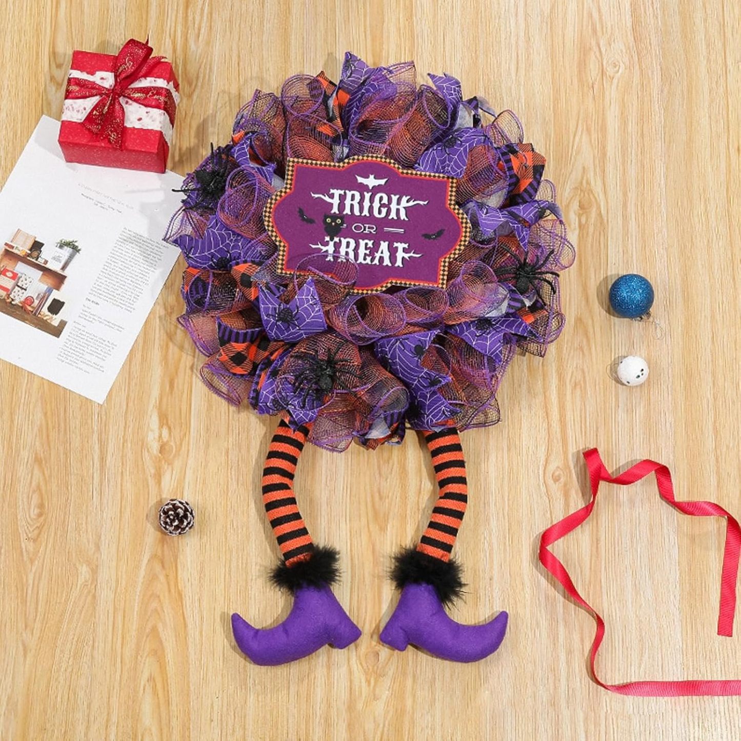 Halloween Wreaths, Spider Witch Legs Fabric Decor Letter Print Spooky Haunted Home Front Door Wreath Halloween Decorations Witch Legs Wreath Holiday Party Thanksgiving Decor Purple