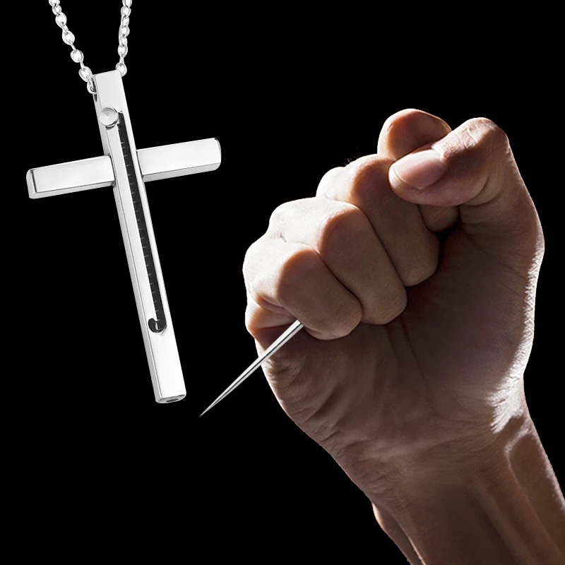 ✨Cross self-defense necklace ✝️stainless steel retractable toothpick reusable💥