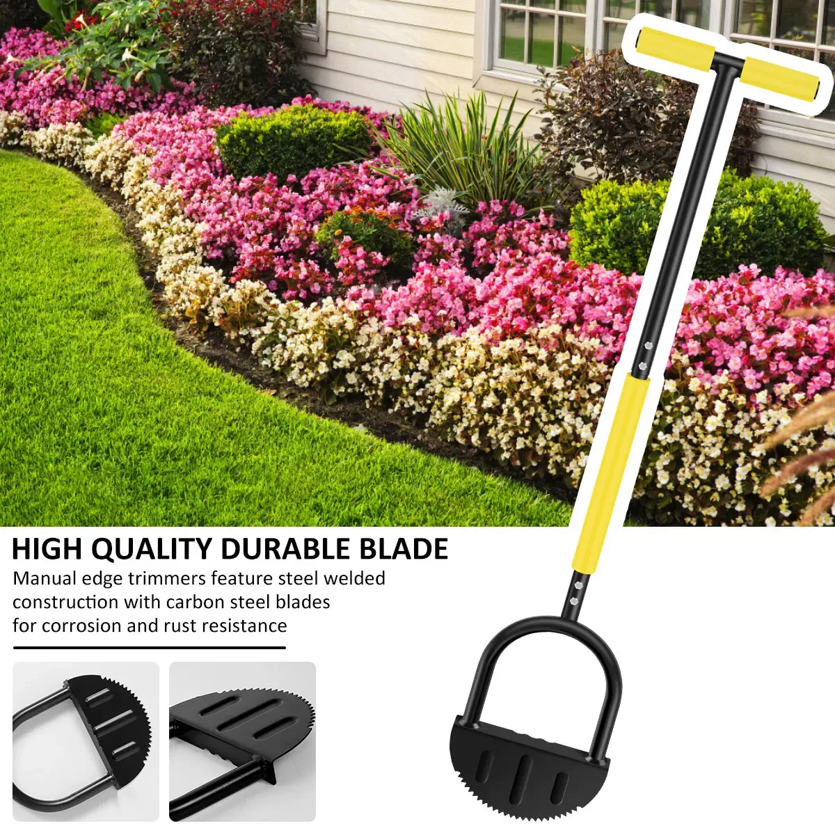 Garden Edger Half Moon Saw-Tooth Hand Edger Manual Lawn Step Edger with Long Handle Landscaping Tool Garden Edger for Driveway