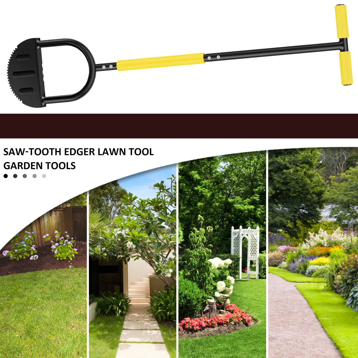 Garden Edger Half Moon Saw-Tooth Hand Edger Manual Lawn Step Edger with Long Handle Landscaping Tool Garden Edger for Driveway