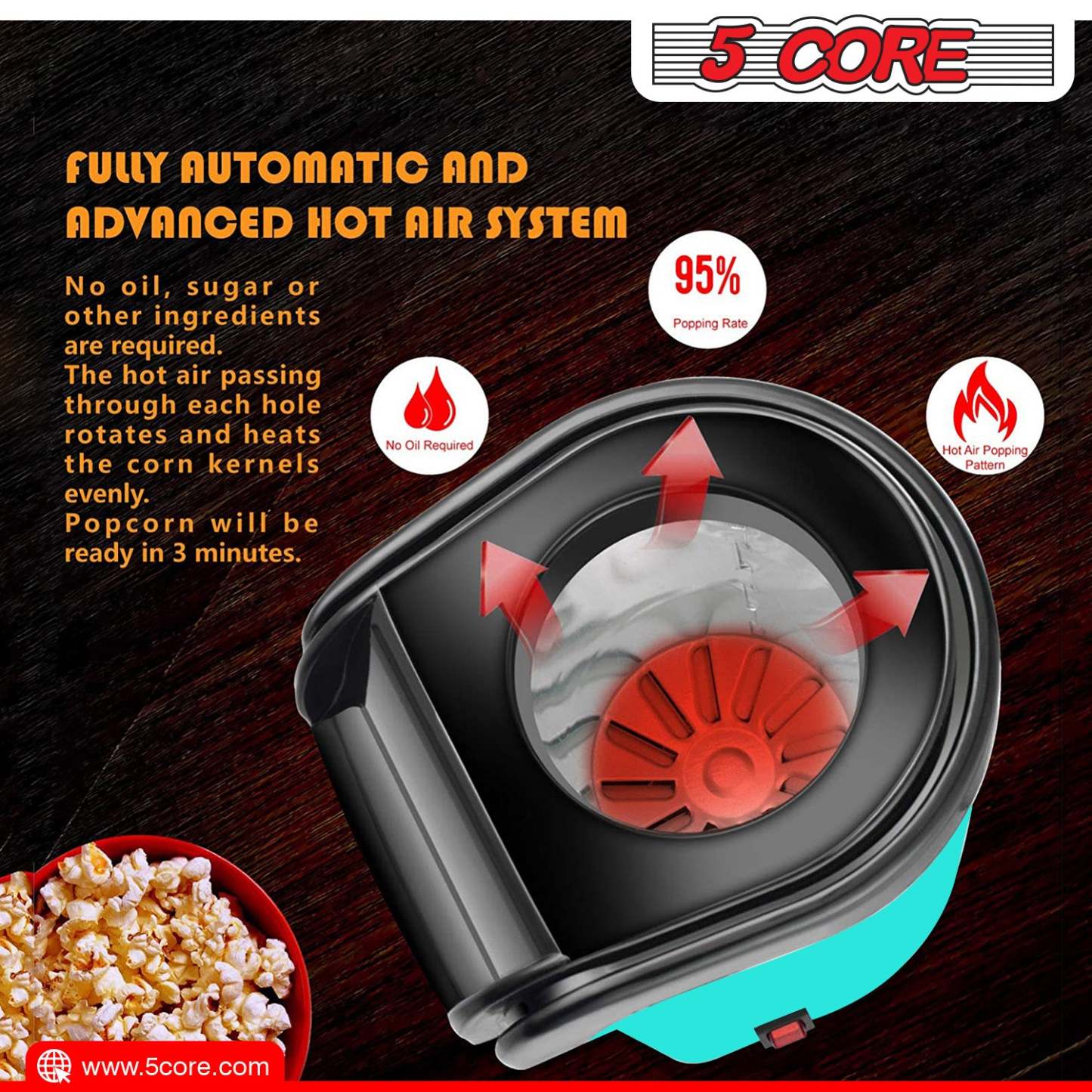 5 Core Hot Air Popcorn Popper Machine 1200W Electric Popcorn Kernel Corn Maker Bpa Free, 95% Popping Rate, 2 Minutes Fast, No Oil-Healthy Snack for Kids Adults, Home, Party, Gift POP
