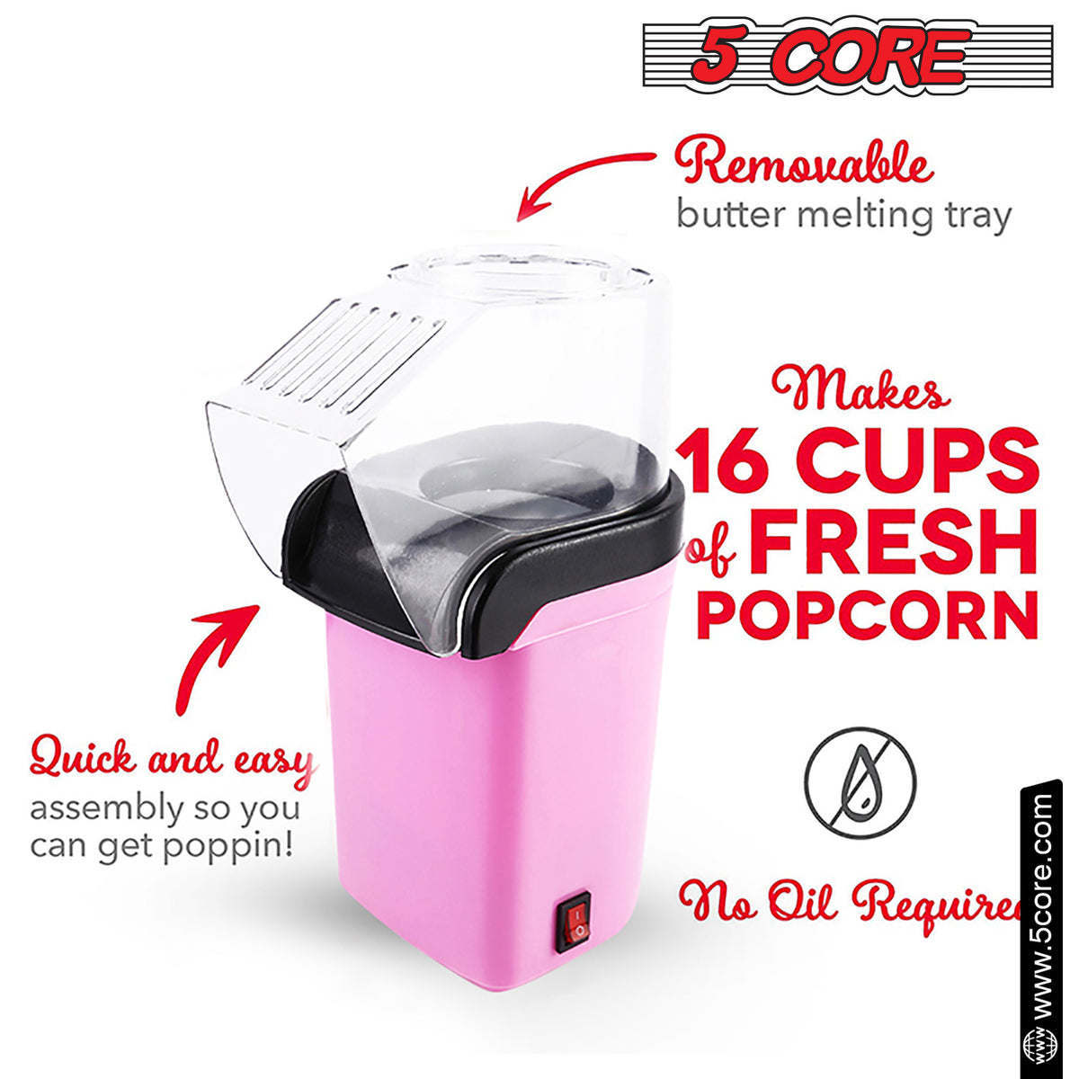 5 Core Hot Air Popcorn Popper Machine 1200W Electric Popcorn Kernel Corn Maker Bpa Free, 95% Popping Rate, 2 Minutes Fast, No Oil-Healthy Snack for Kids Adults, Home, Party, Gift POP
