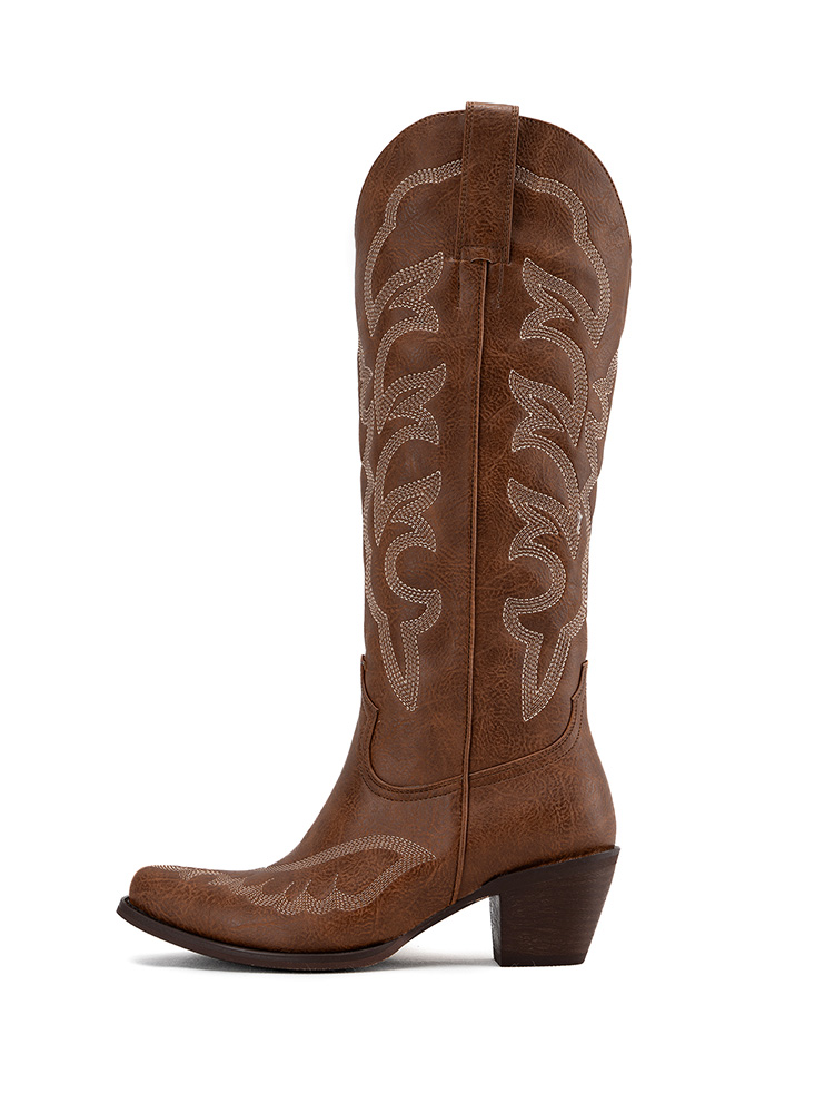 Embroidered Pointed-toe Slip-on Wide Mid-Calf Western Boots