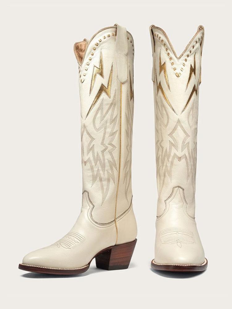 Bone Inlay Gold Lightning Knee High Boots Stitch Slip-On Round Cowgirl Heeled Boots