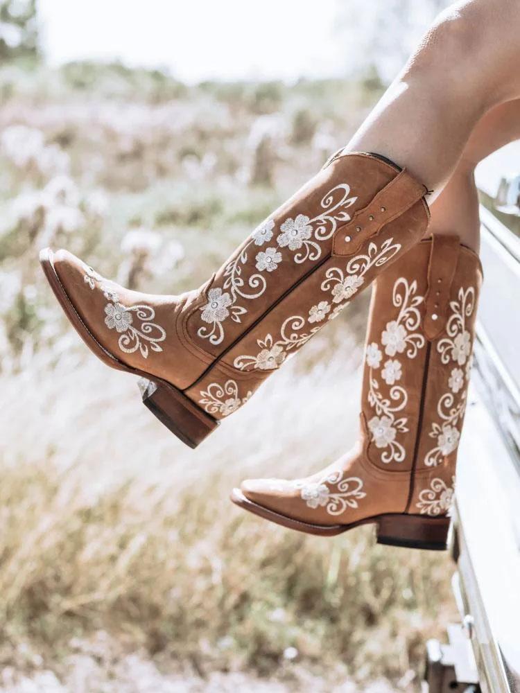 Women's Brown Floral Embroidered Rhinestone Mid Calf Cowboy Boots with Square Toe and Chunky Heel