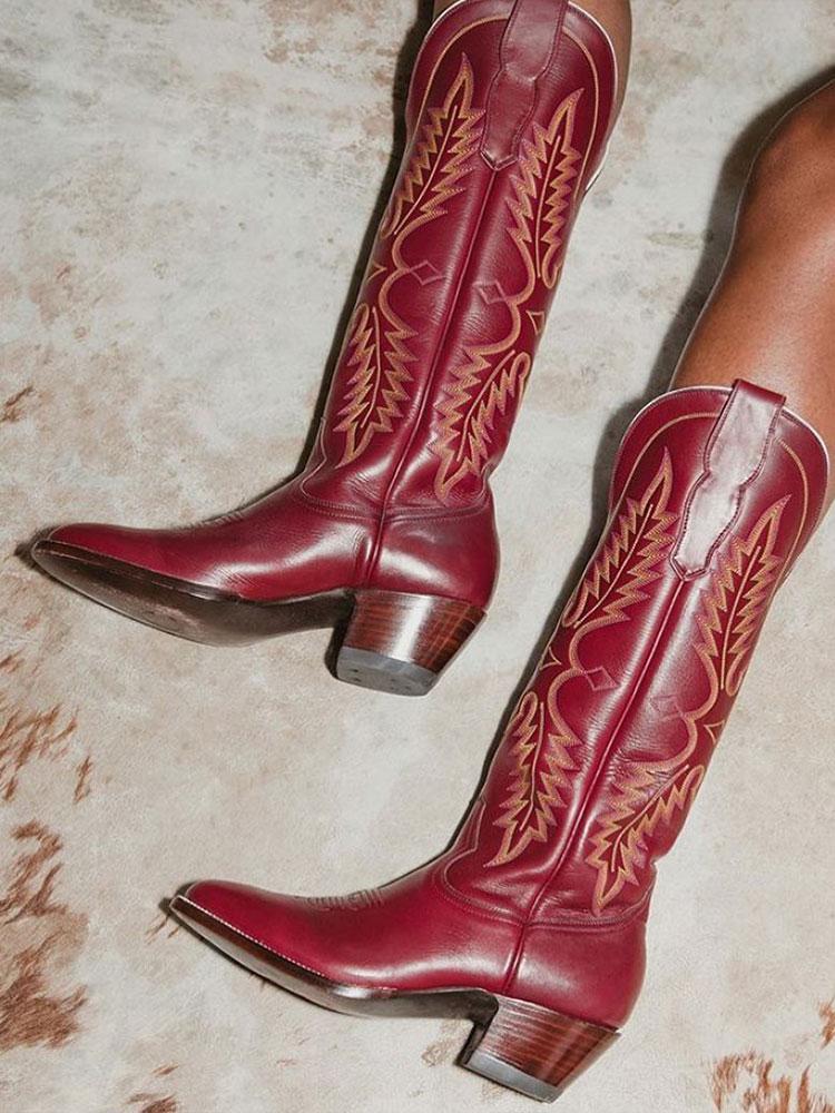 Red Embroidered Round Toe Wide Calf Knee High Western Boots  