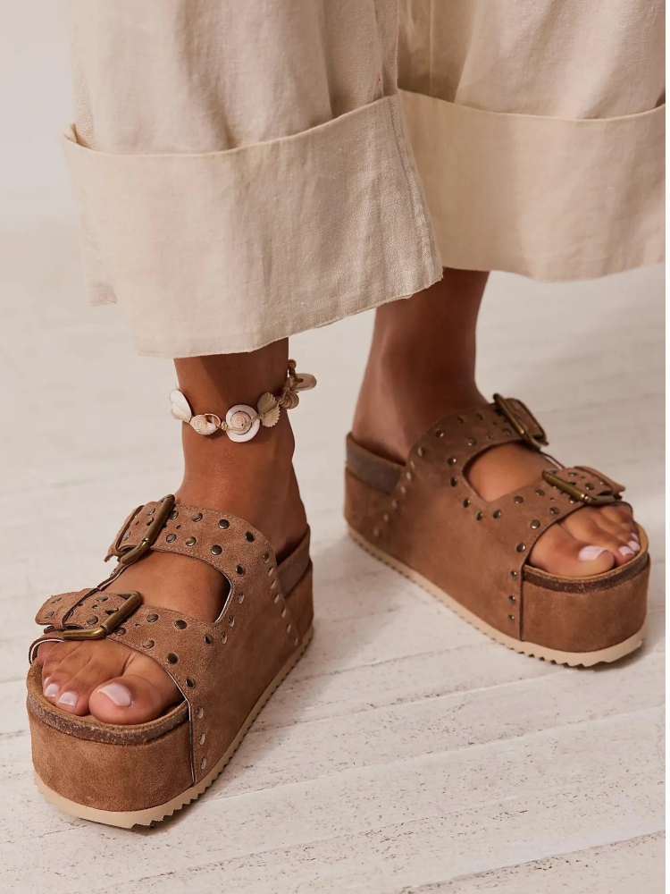 Brown Faux Suede Stud Double Buckled Strap Round Platform Backless Slip-On Sandals