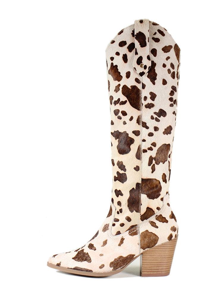 Cow Printed Zip Faux Fur Pointy Western Mid Calf Boots