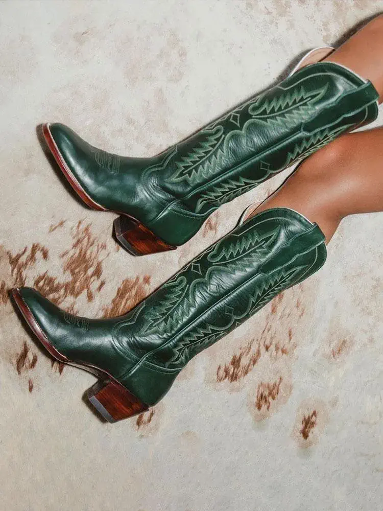 Dark Green Embroidered Round Toe Wide Calf Knee High Western Boots