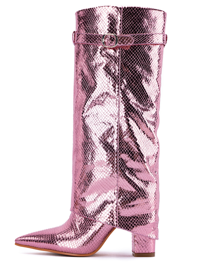 Metallic Bright Snakeskin Pink Fold Over Single Band Pointed-toe Chunky Heel Mid-Calf Cowgirl Boots