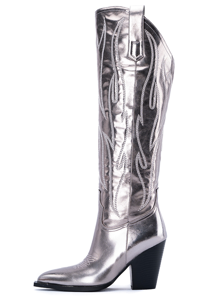 Women Embroidered Over-The-Knee Cowboy Boots Silvery Chunky Heel Western Boots