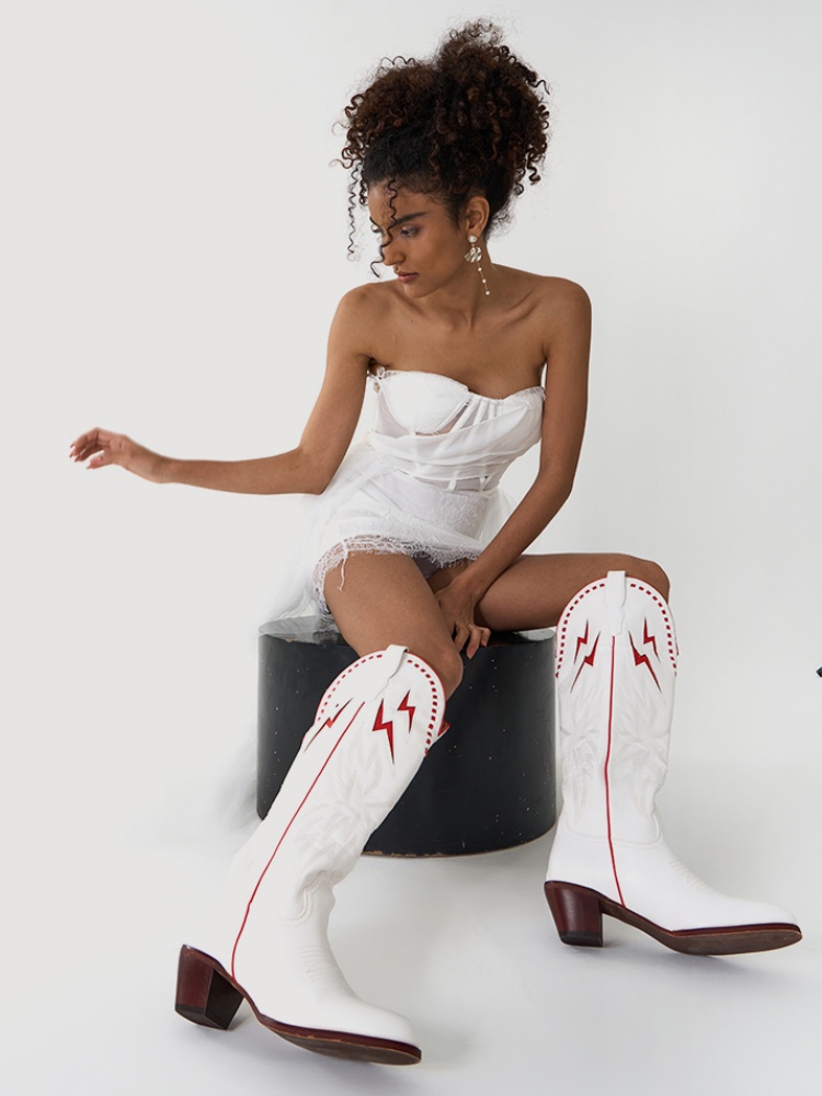 Contrast Lightning Stitch Slip-On Knee High Boots Round-Toe Chunky Heeled Cowgirl Boots