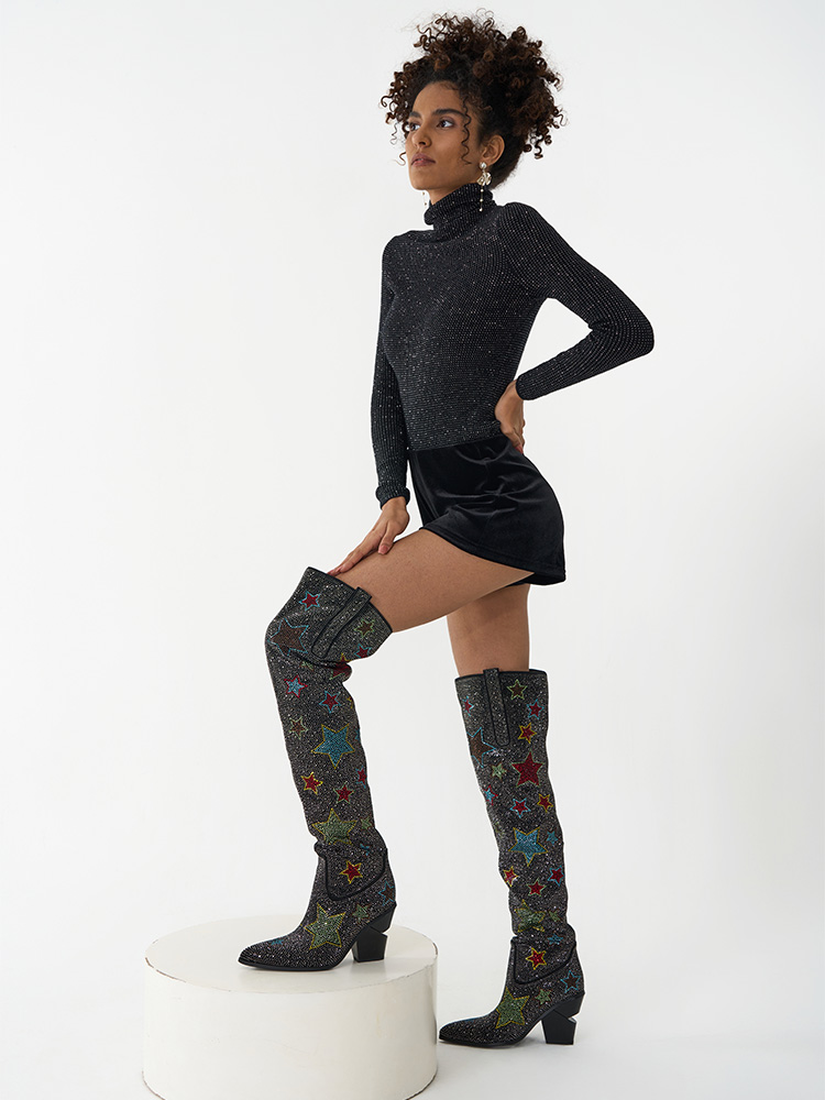 Multicolored Star Rhinestone Pointy Slip-On Over-Knee Thigh-High Western Boots