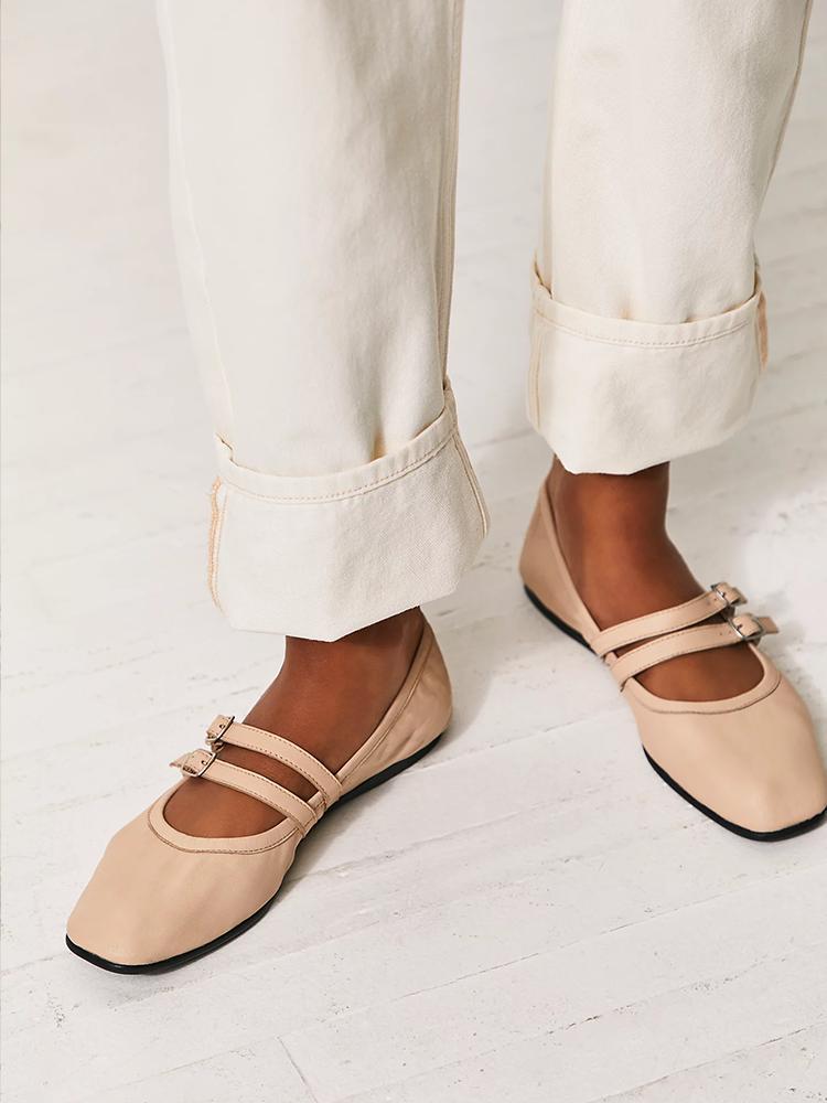 Solid Square Toe Ballet Flats With Double Buckled Instep Strap