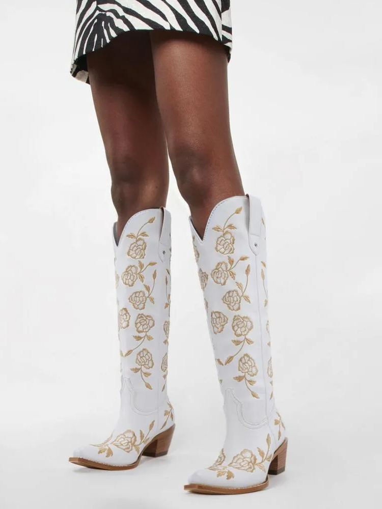White Floral Embroidered Pointy Zip Knee High Western Boots 