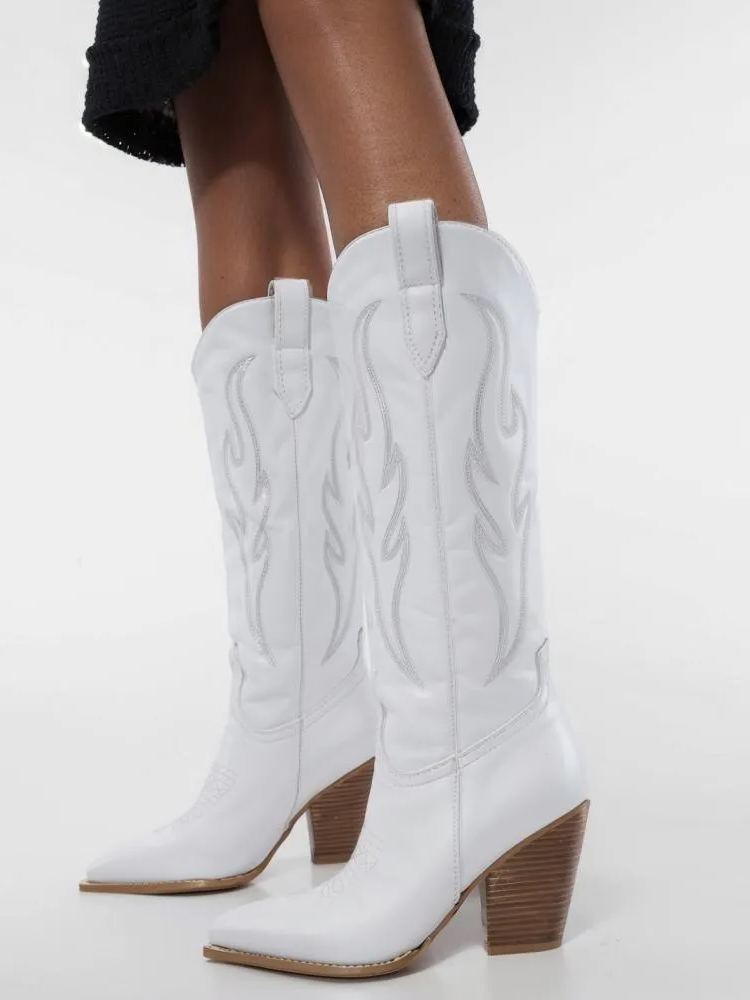Women Embroidered Mid Calf Cowboy Boots Embroidered Side Pull Loops Chunky Heel Western Boots