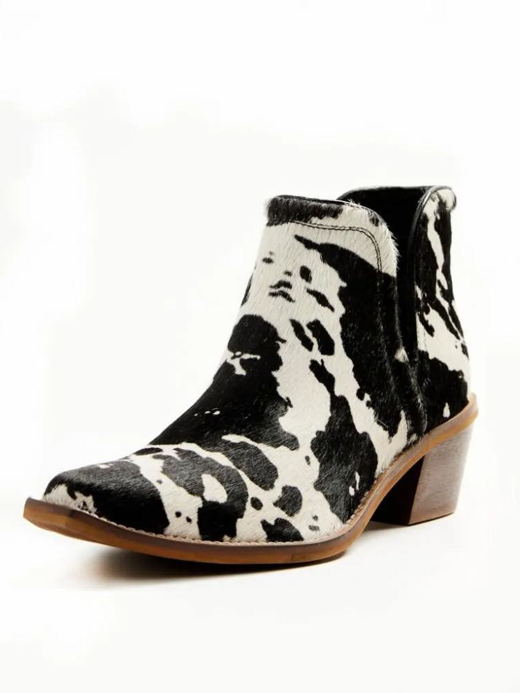 Cow Hair Snip Toe Mid Slanted Heel Western Chelsea Ankle Boots